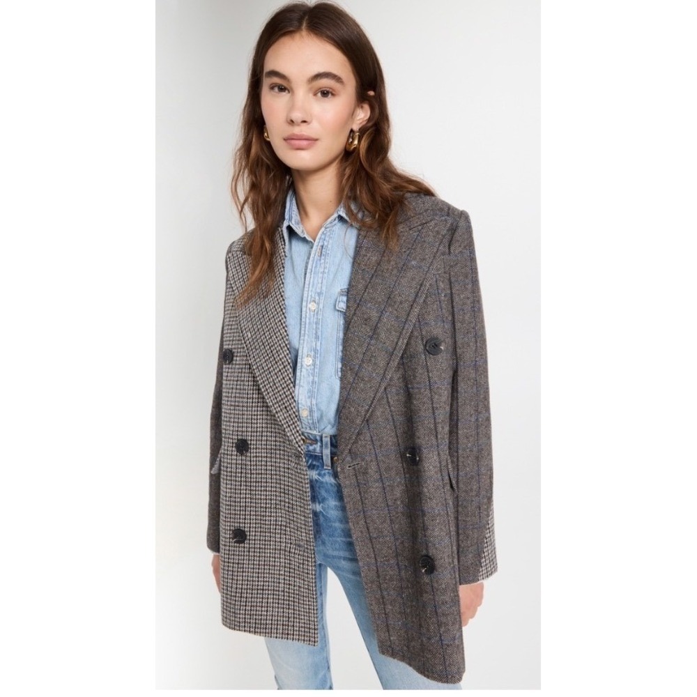 Anthropologie x Avec Les Filles Mixed Plaid Double Breasted Blazer Wool Blend - Picture 2 of 7